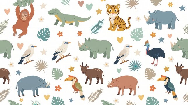 Stylized orangutan, tiger, rhino, and other animals with jungle leaves on white