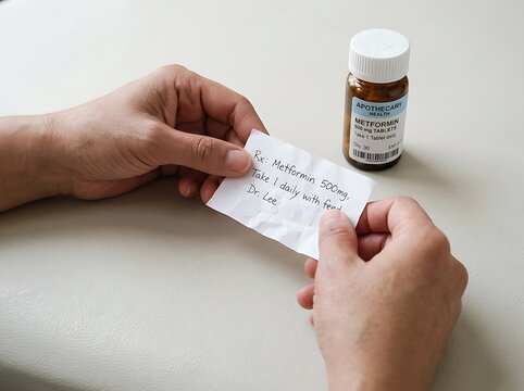 Closeup of hands holding a prescription note and metformin bottle on a table