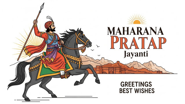 Illustration of Maharana Pratap riding a horse on a mountain