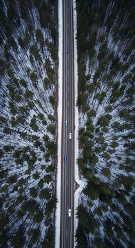 Aerial View of Cars Driving on Straight Winter Road Through Snowy Pine Forest