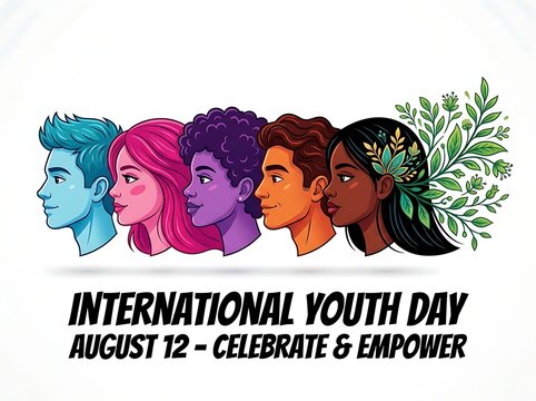 Colorful illustration of diverse youth faces celebrating international youth day with empowering message and green leaves