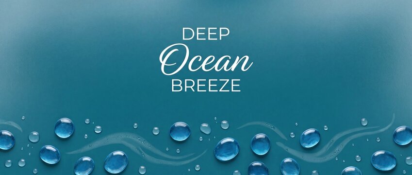 Blue glass pebbles water droplets on teal background for clean spa cosmetics banner. Ocean breeze concept design with refreshing liquid splashes, marine aromatherapy wellness theme background.
