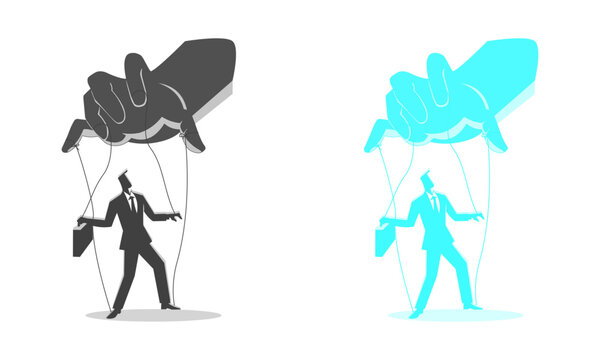 Puppet Master Hand Controlling Businessman on Strings Vector Set