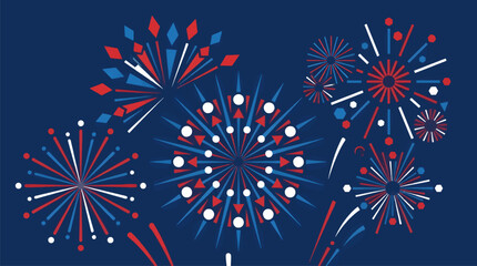 Fototapeta premium Flat Vector Illustration of Red, White, and Blue Fireworks Exploding on Dark Blue Background, Abstract Geometric Shapes and Lines, Celebration and Independence Day Concept