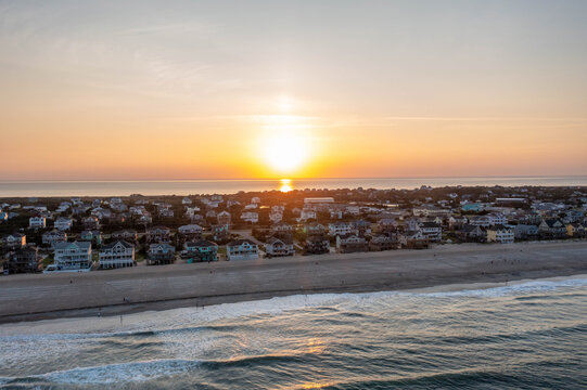 Aerial View of the Sun Setting over the Pamlico Sound and Atlantic Ocean in Avon North Carolina