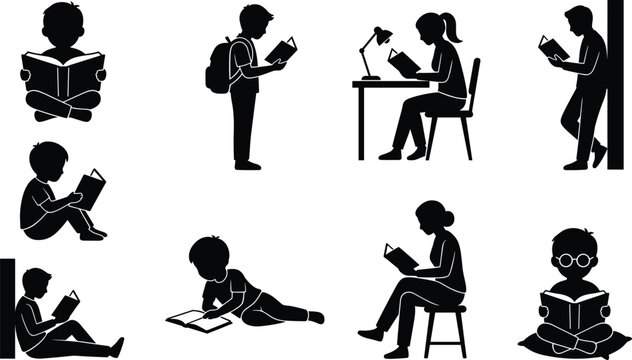 Reading People Silhouette Collection with Children Students and Adults Studying Book Vector Set