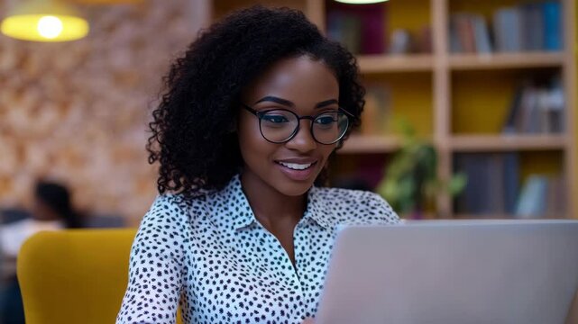 A woman smiling while working on a laptop computer in an office environment with bookshelves.