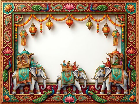 Colorful traditional indian illustration with elephants and riders in decorative frame for cultural celebration scene
