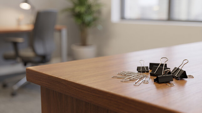 Black binder clips and silver paperclips on a wooden office desk with a blurred background