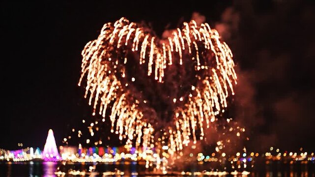 Bright red fireworks explode over a dark city lake at night