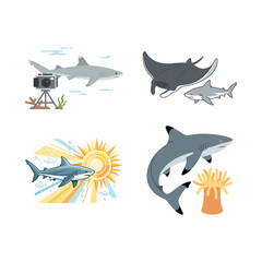 Fototapeta premium Collection of Stylized Marine Life Featuring Sharks and Rays in Underwater Scenes