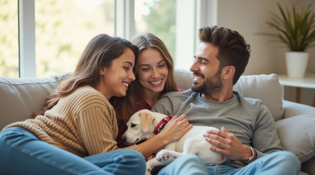 Una familia feliz relaj&aacute;ndose junto a su perro en el sof&aacute; de un hogar acogedor