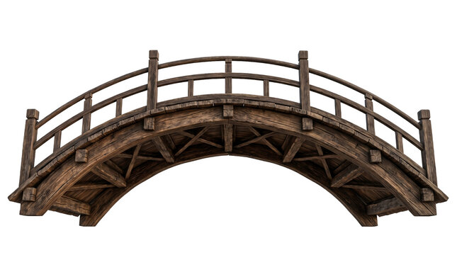 Rustic wooden bridge with arched design and railings