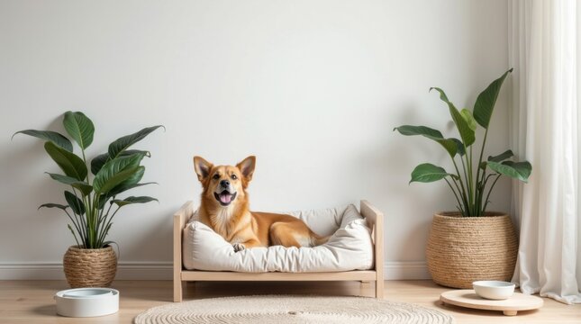 Rinc&oacute;n minimalista para mascotas que incluye una elegante cama para perros, cuencos de cer&aacute;mica, una cesta de almacenamiento trenzada y plantas de interior
