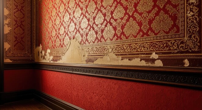 Vintage red and gold damask pattern wallpaper wall.