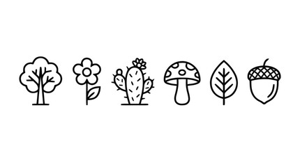A collection of various plants and fungi icons including tree, flower, cactus, mushroom, leaf, and acorn in a simple line drawing style. © sastra