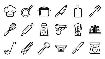 A collection of kitchen utensils and tools for cooking and food preparation © sastra