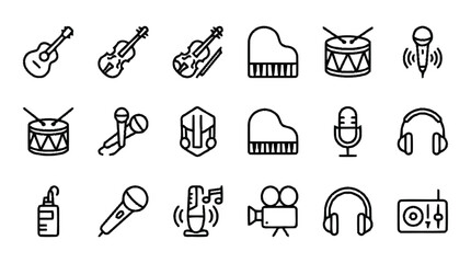 Various music instruments and equipment icons are shown together. © sastra