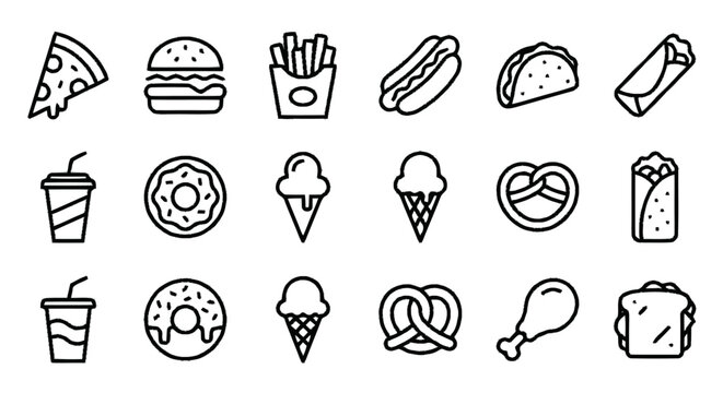 A variety of fast food icons are shown including pizza, burgers, fries, and sandwiches.