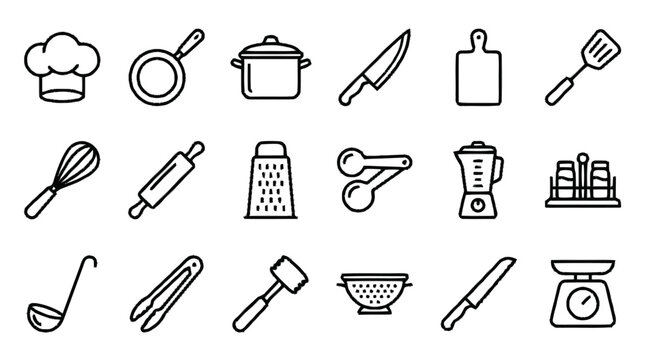 A collection of kitchen utensils and tools for cooking and food preparation