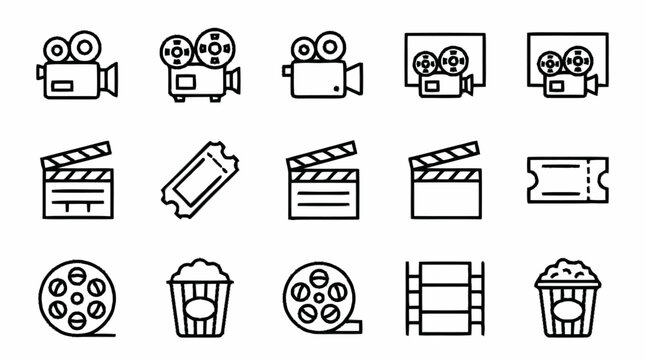 Film icons and movie symbols arranged on a white background with cameras, clappers, tickets, and snacks