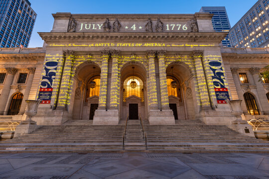 New York City, NY, USA - July 2nd, 2026: New York Public Library illuminated for the 250th anniversary of the U.S. Declaration of Independence