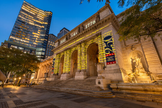 New York City, NY, USA - July 2nd, 2026: New York Public Library illuminated for the 250th anniversary of the U.S. Declaration of Independence