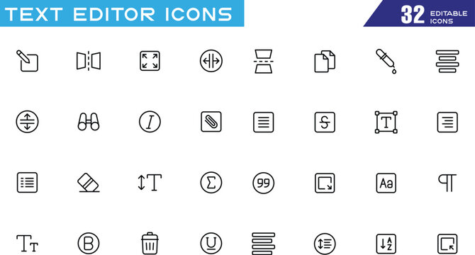 Text editor icon set in outline style. Collection of formatting, typography, alignment, document editing, text tools, and writing interface icons. Editable stroke. Vector icon collection.
