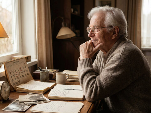 A senior gentleman immersed in peaceful contemplation, thoughtfully gazing out a window, reflecting on a lifetime of experiences and cherished memories