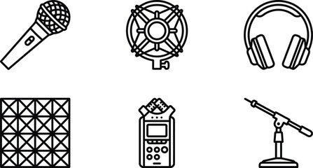Fototapeta premium Set of professional audio recording equipment icons minimalist outline vector design for podcasting music production and sound engineering apps