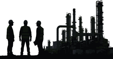 Obraz premium Silhouette of industrial engineers standing in front of oil refinery plant isolated on white background