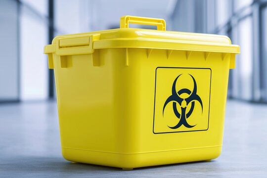 Yellow closed plastic medical waste container with printed biohazard symbol stands on floor in modern clinic representing biological hazard and medical safety