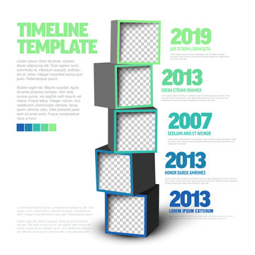 Professional timeline template featuring 3D cubes with photo placeholders. This timeline template uses a vertical layout with chronological years for business presentations.