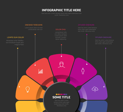 Professional circular infographic featuring six colorful segments on a dark background. This circular infographic is ideal for visualizing data and business infographic concepts.