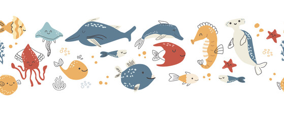 Cute sea animal border pattern in doodle scandinavian style on blue background. Hand drawn vector illustration of sea creatures and plants, corals, underwater inhabitants. Kids nursery border pattern. © ZhumaStudio