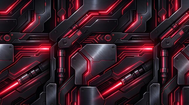 Mecha Robotic Armor Plates and Neon Cyber-Red Hybrid Seamless Pattern

