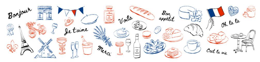 French culture Whimsical doodle collection featuring iconic cuisine, and phrases © Viktoriia