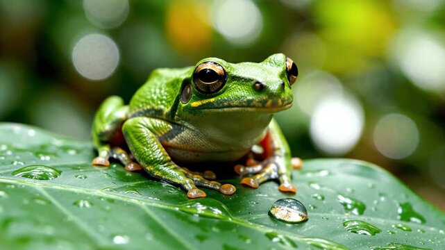 A vibrant green frog rests on a wet tropical leaf surface