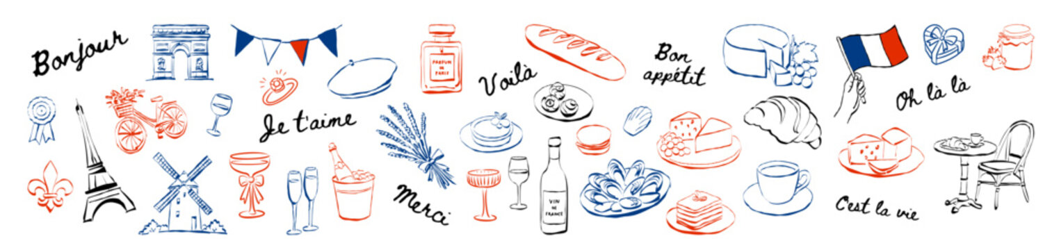 French culture Whimsical doodle collection featuring iconic cuisine, and phrases