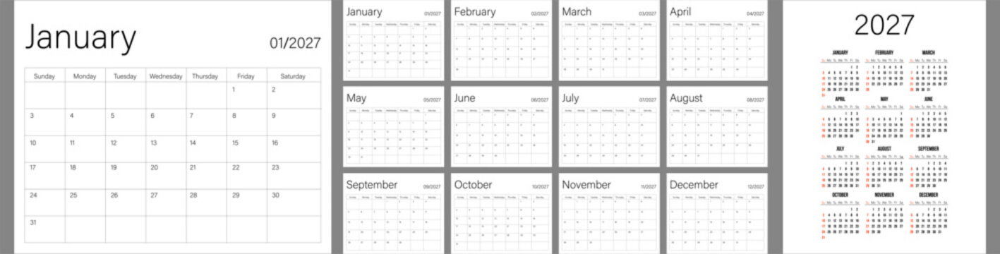 Simple 2027 calendar design with monthly and yearly view in minimalist style
