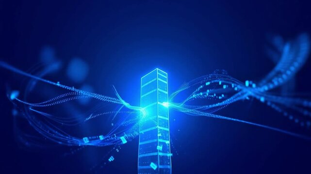A stunning 3D animation conceptualizing a futuristic data center or server tower acting as a central hub for global information exchange