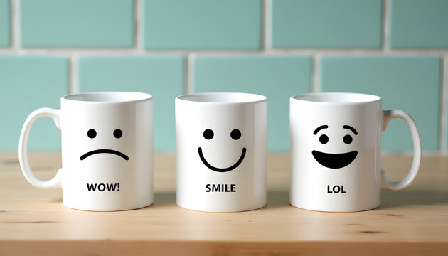 Three white mugs with different printed facial expressions and text labels