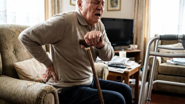 Geriatric spine pain: osteoporosis concern, bone deterioration, back discomfort, muscle spasm, posture issue, frailty symptom, medical care need.