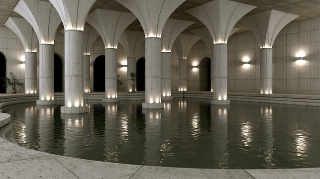 Symmetrical underground concrete hall with tall curved columns reflecting warm lighting on calm pool water creates serene minimalist modern architectural space