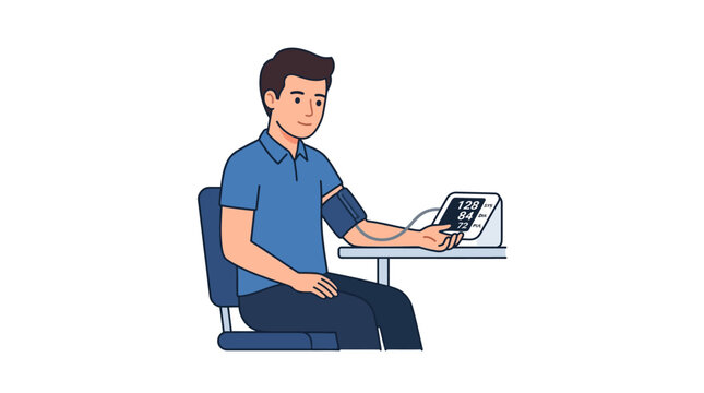 Man measuring blood pressure at home with digital monitor, health check concept