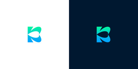 Modern letter B logo design with heart shape in negative space, abstract blue and green gradient initial monogram icon © Eunois