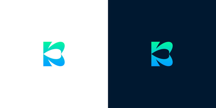 Modern letter B logo design with heart shape in negative space, abstract blue and green gradient initial monogram icon