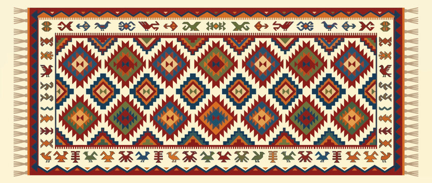 Ethnic Geometric Kilim Rug Pattern with Traditional Decorative Motifs