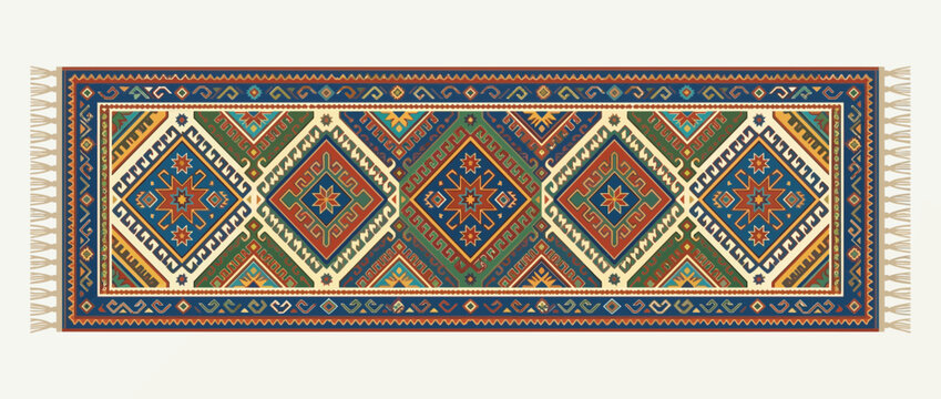 Traditional Oriental Carpet with Geometric Patterns and Ethnic Motifs