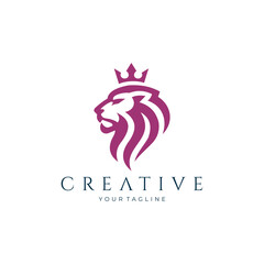 Purple crowned lion logo with royal mane and elegant typography, suitable for luxury, sports, leadership, and premium brand identity. © Deeone Studio